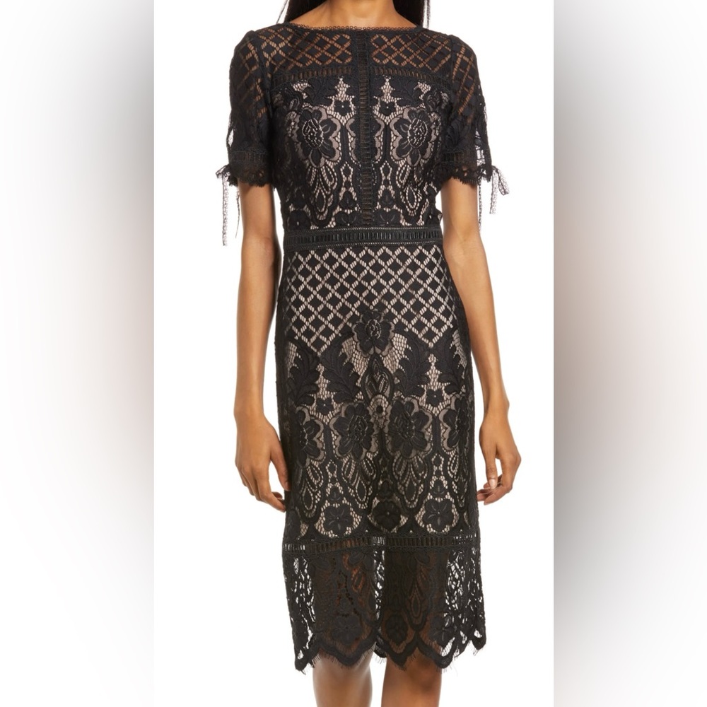 Tadashi Shoji Tie Sleeve Lace Dress Size 16 Plus Size Black / Petel Pink NWT
